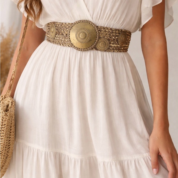Vintage Boho Wide Stretch Belt Gold Medallion Disc Braided Waist Belt Statement - Picture 8 of 8